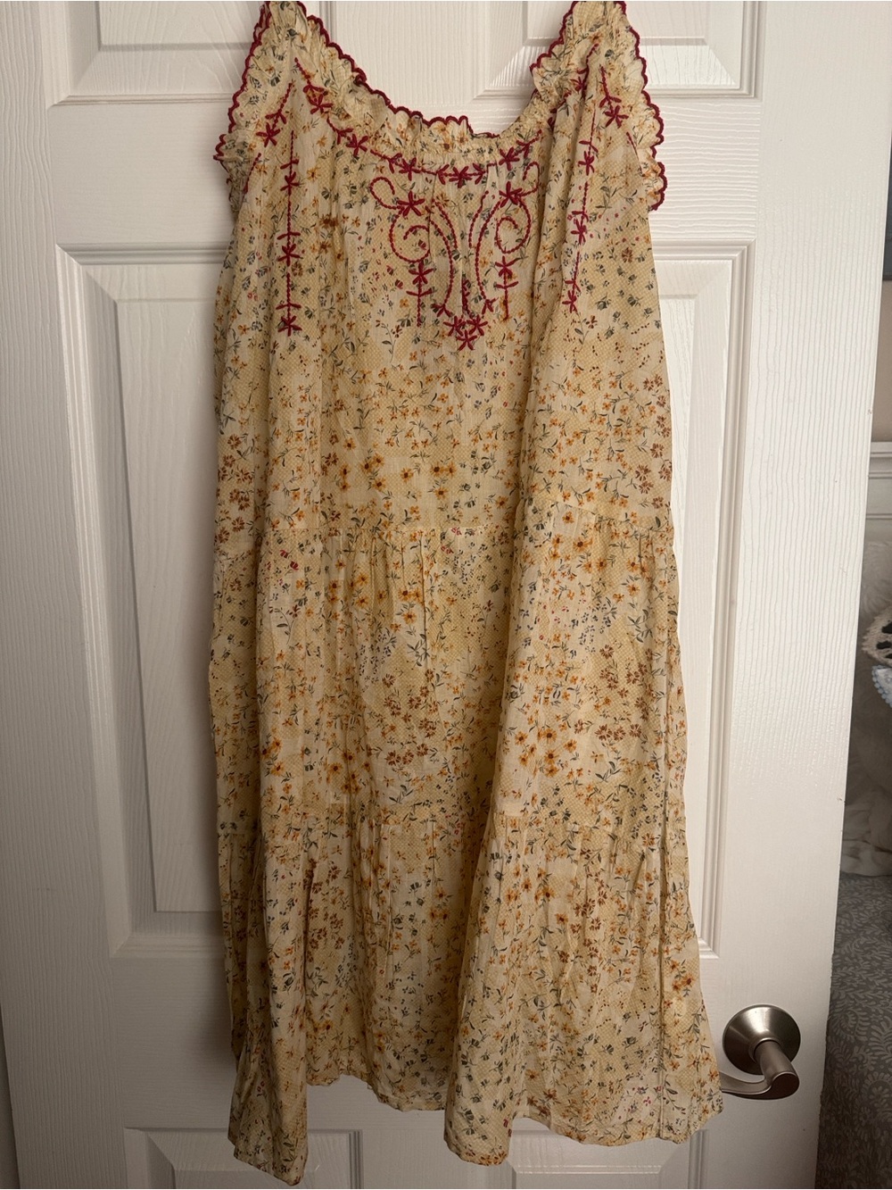 NATURAL LIFE Cream Floral Mini Dress with Red Embroidery-L/XL